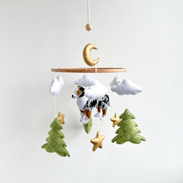 Dog mobile for nursery, australian shepherd baby mobile, gender neutral mobile, puppy cot mobile, mobile crib with clouds, boho nursery