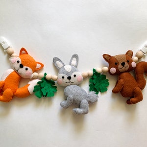Stroller garland fox,bunny and squirrel, Hanging toys for strollers,Unisex kids gift,Strap for stroller,Stroller chain made of felt
