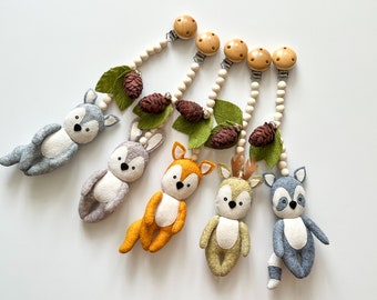 Woodland stroller mobile, forest animals stroller toys set, stroller accessory, stroller lanyard, pram felt toy, neutral gender gift