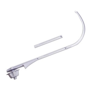 May include: A white baby mobile arm with a curved top and a separate straight bar. The arm has a screw-on base and a jointed design. The mobile arm is designed to attach to a crib.