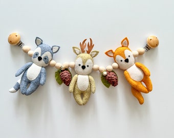 Woodland stroller garland, stroller accessories, woodland animal pram toy, baby pram rattle, stroller hanging toy, baby stroller mobile