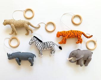 Safari baby gym, baby play gym toys, hanging baby gym toys, safari nursery decor, baby gym toys with zebra, tiger, lion, rhino and elephant