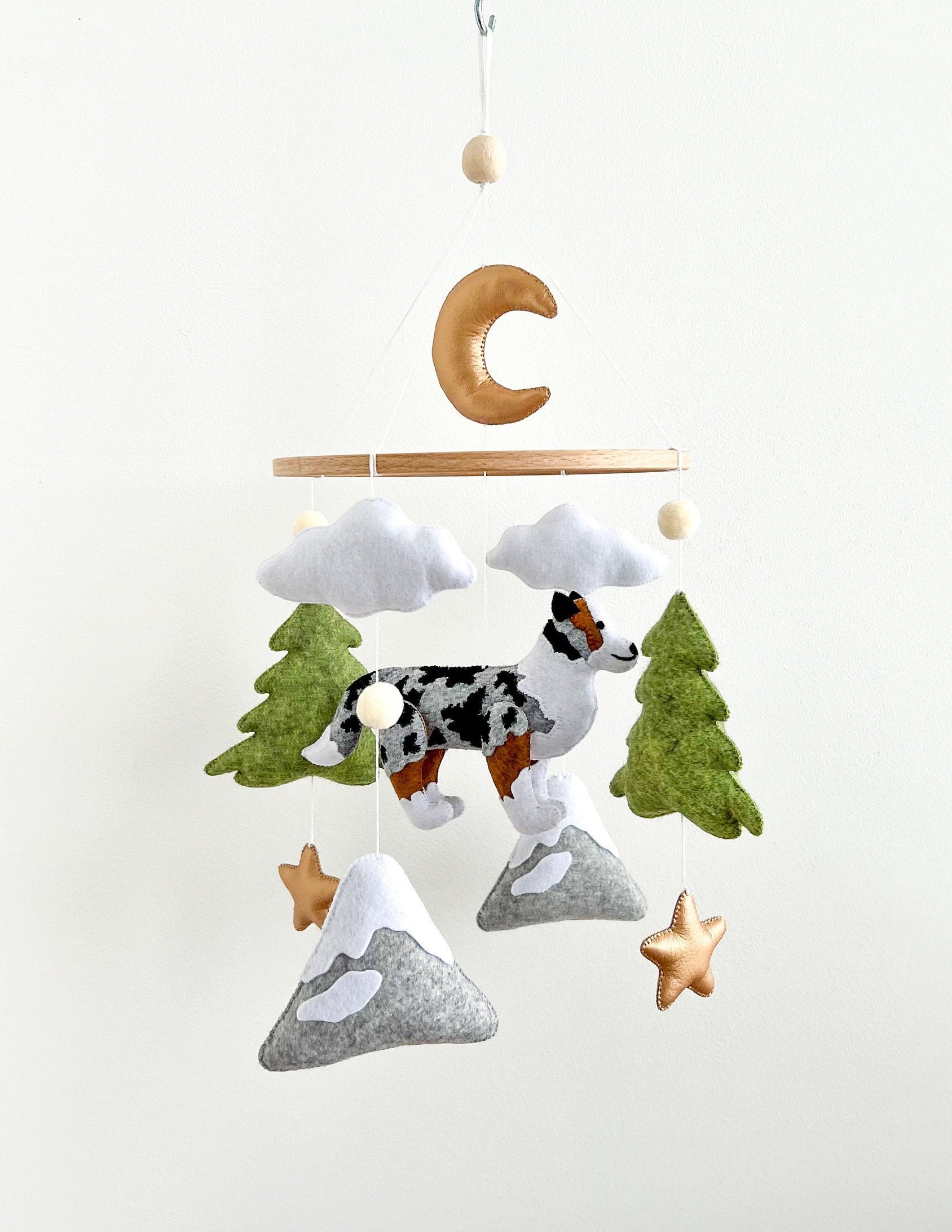Australian Shepherd Baby Mobile Boho Nursery Decor With Clouds