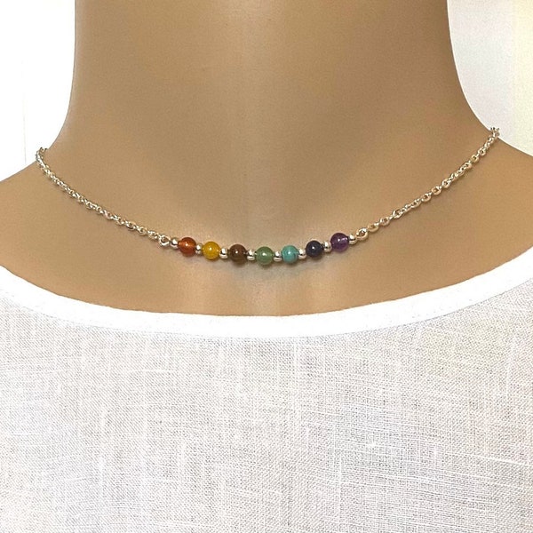 7 Chakra Choker Necklace Silver plated Rose Gold plated Chain 7 Miracle Beads Reiki Healing Yoga Genuine Gemstones various lengths