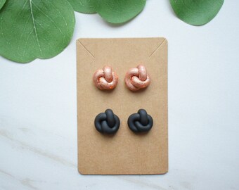 Clay Earrings || Rose Gold & Blacks Knot Studs || Lightweight || Hypoallergenic