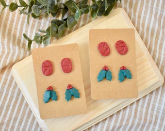 Clay Earrings | Holly Leaves Stud Pack | Lightweight | Hypoallergenic | Christmas Earrings