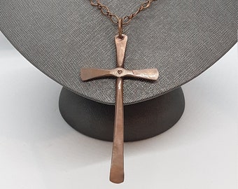 Handmade Hammered Copper Cross with Heart, Available as Pendant Only, on Antiqued Copper Chain, or 3mm Braided Leather Cord