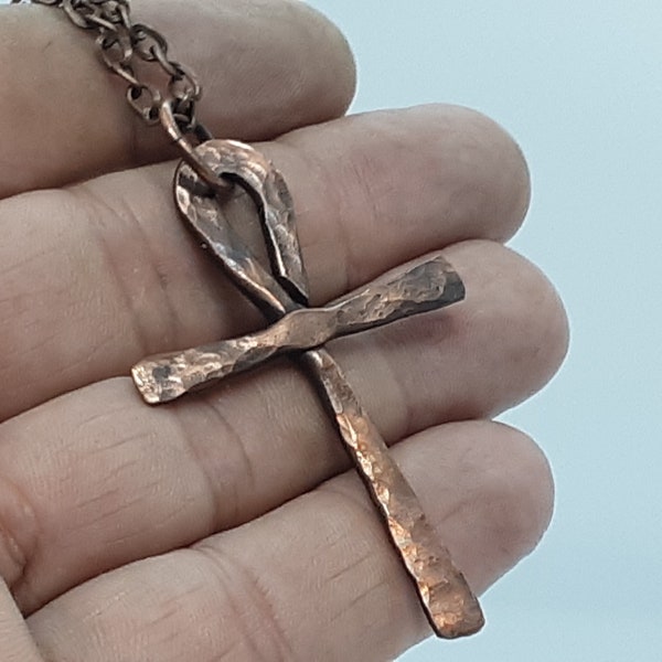Handmade Hammered Copper Coptic Cross, Egyptian Ankh Pendant Only or on Leather Cord or Antiqued Copper Chain, Vintage look antiqued finish
