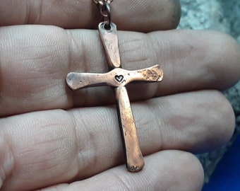 Handmade Hammered Copper Cross with Heart, Available as Pendant Only, on Antiqued Copper Chain, or 3mm Braided Leather Cord