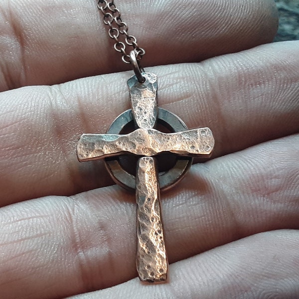Handmade Hammered Copper Celtic Cross, available as Pendant Only, on Leather Cord or Antiqued Copper Chain, Vintage look antiqued finish,