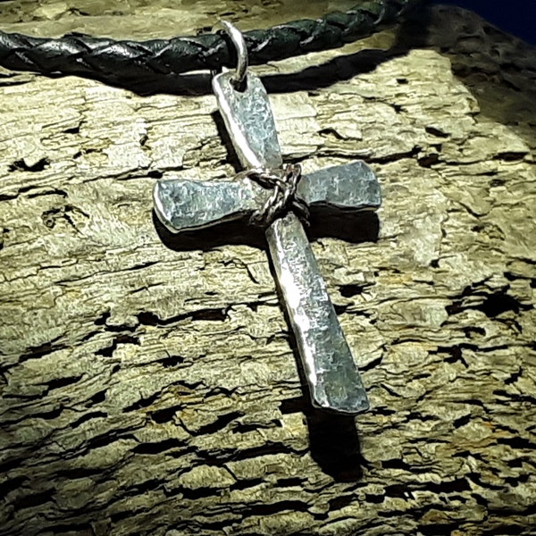 Handmade Hammered Sterling Silver Cross with Copper wrap, available as Pendant Only, or on Genuine Braided Leather Cord