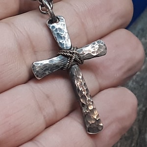 Hand Forged Silver Cross with 14K Gold Filled Wrap, Rustic Cross Necklace for Man, Available with Chain or Leather Cord