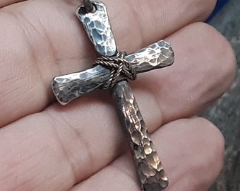 Hand Forged Silver Cross with 14K Gold Filled Wrap, Rustic Cross Necklace for Man, Available with Chain or Leather Cord