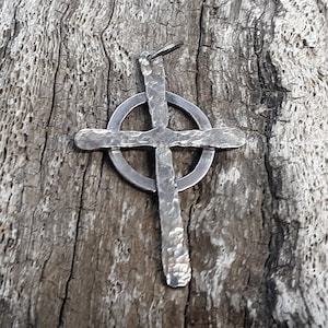 Handmade Hammered Sterling Silver Celtic Cross Pendant: Rustic Braided Leather Option