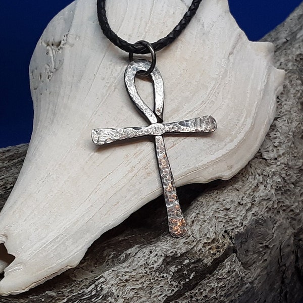 Handmade Hammered Sterling Silver Coptic Cross, Egyptian Ankh Pendant Only or on Leather Cord, Oxidized Silver