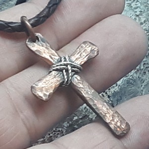 Handmade Hammered Copper Cross with 925 Sterling Silver Wrap, available as Pendant Only, on Leather Cord or Antiqued Copper Chain