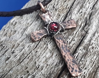 Artisan Handcrafted Copper Cross with Garnet, 925 Sterling Silver Wrap, available as Pendant Only, on Leather Cord or Antiqued Copper Chain