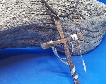 Handmade Copper Cross Pendant: Sterling Silver Drape, Christian Jewelry