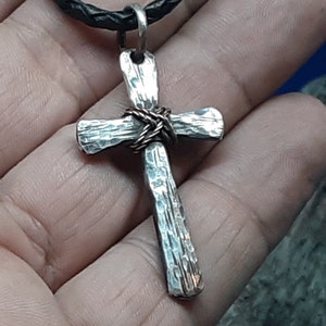 Handcrafted Rustic Sterling Silver Cross with Copper Wrap, available as Pendant Only, on Leather Cord, or 3mm Rolo Chain, Anniversary Gift