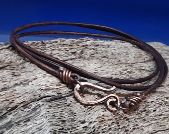 Handcrafted Leather Cord Necklace: Hammered Copper Clasp