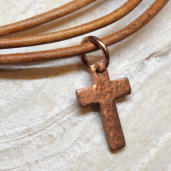 Tiny Hammered Copper Cross on Adjustable Genuine Leather Cord, can be worn as necklace or bracelet