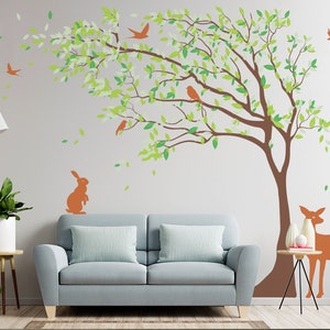 Blowing Tree Wall Decal,Large Tree Sticker, White Tree Wall Art, Deers With Tree Wall Decor,Nursery  Vinyl Wall Decal, Kids Room Wall Decor