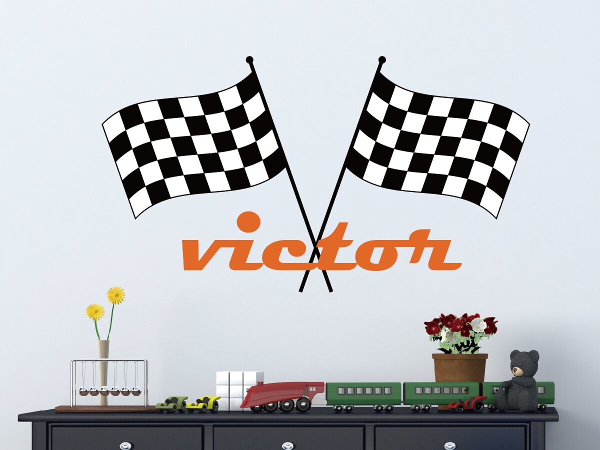 Adesivo Murale Personalizzato Per Cameretta - Nome Con Bandiere A Scacchi Tema Auto Da Corsa - Foto 7