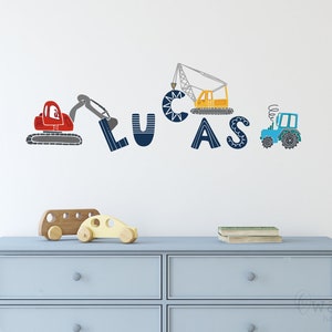 Personalized Name Cute Construction Digger Trucks Decal,Construction theme Decal for Boy Room Decor,Trucks Wall Decal for Children&#39;s Bedroom
