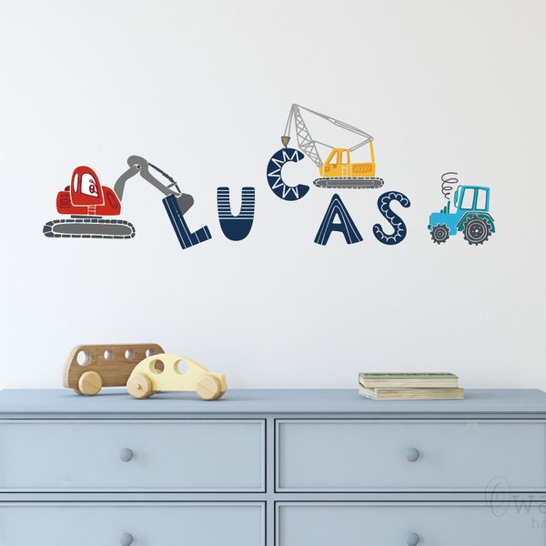 Personalized Name Cute Construction Digger Trucks Decal,Construction theme Decal for Boy Room Decor,Trucks Wall Decal for Children's Bedroom
