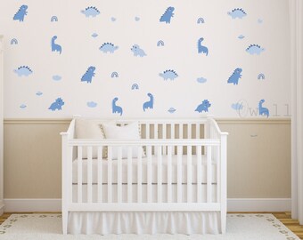 94pcs set Watercolor blue  Dinosaur Vinyl Wall Decal, Nursery Kids Dinosaur Room Decor, Children's Dino Bedroom Decor