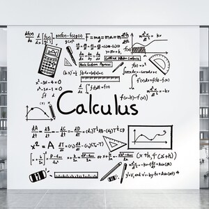 Può includere: Un muro bianco con equazioni matematiche e formule scritte a mano in nero, tra cui la parola "Calcolo". Le equazioni includono derivate, integrali e altri concetti di calcolo. Ci sono anche disegni di una calcolatrice, un goniometro e un righello.