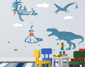 thumbnail interactive-video image 1 of Boho Dinosaur Wall Decals With Tropical Plants - Nursery, Kids Room Decor, Removable Stickers (2 Sheets, 12x24") 1 of 14