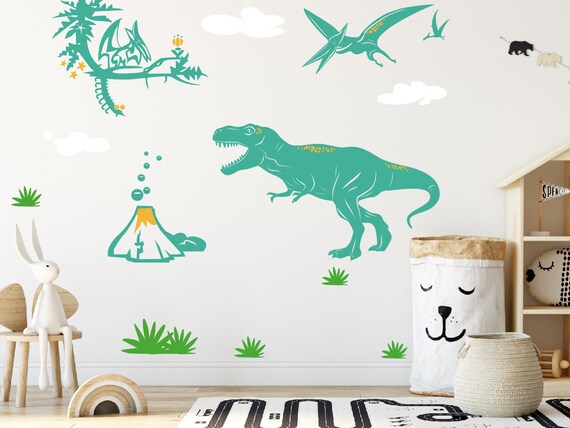 thumbnail image 2 of Boho Dinosaur Wall Decals With Tropical Plants - Nursery, Kids Room Decor, Removable Stickers (2 Sheets, 12x24") 2 of 14