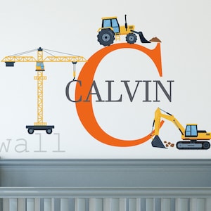 Custom Name Construction Trucks Decal -Nursery Wall Decal for Baby Boy Room Decorations,Trucks Mural Wall Decal for Children's Bedroom