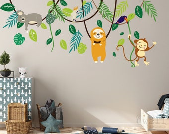 Calcomanías de pared de animales de la selva, mono, perezoso, pegatina de pared de Koala, decoración de guardería de animales de la selva, pegatina de bebé con tema de la selva