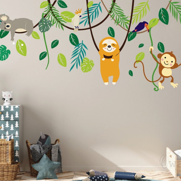 Stickers muraux animaux de la jungle, singe, paresseux, sticker mural Koala, décor de crèche animaux de la Jungle, autocollant bébé thème Jungle