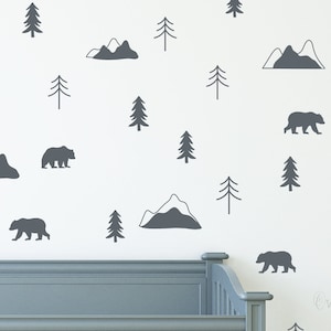 Mountains Wall Decal Pines Decal Bears Decal,Woodland Bear Pattern Decal, Crib Wall Decor ,Nursery Wall  Deocr, Kids Room Wall Decoration