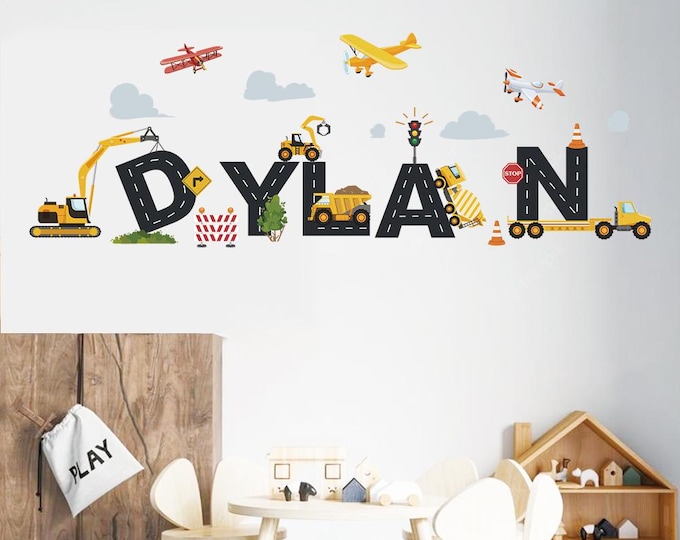 Personalized Construction Vehicles Wall Decal: Kids Room Decor