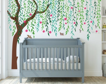 Weeping Willow Tree Wall Decal: Flower Vine, Birds, Nursery Decor