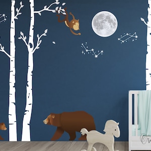 Woodland BirchTree Decal, Nightly Forest Decal,  Bear Wall Art, Monkey Wall Decal, Nursery Woodland Wall Art,  Birch Tree Wall Sticker