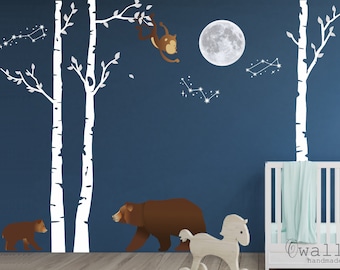 Woodland BirchTree Decal, Nightly Forest Decal,  Bear Wall Art, Monkey Wall Decal, Nursery Woodland Wall Art,  Birch Tree Wall Sticker