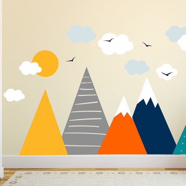 Mountains With Clouds Birds Wall Decal, Nursery Room Mountains Wall Sticker,Kids Room Wall Decoration