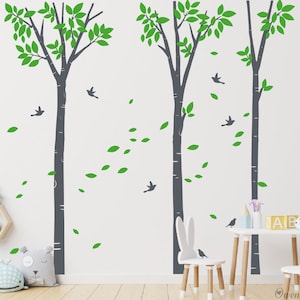 Birch Tree Decal, Birch Tree With Birds Wall Art, Nursery Birch Tree Decor,Large Wall Tree Decal, Forest Tree Wall Sticker