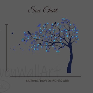 May include: Blue and turquoise tree wall decal with birds. The decal is available in sizes ranging from 54 to 95 inches high and 68 to 120 inches wide.