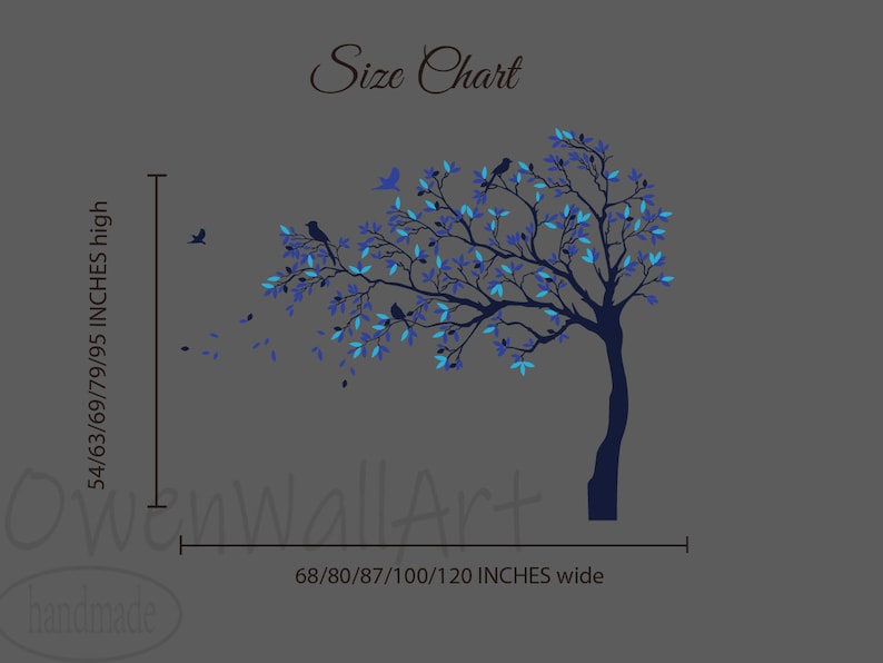 May include: Blue and turquoise tree wall decal with birds. The decal is available in sizes ranging from 54 to 95 inches high and 68 to 120 inches wide.