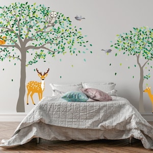 Nursery Tree Wall Decal,Large Trees Sticker,LargeTree Wall Art , Deers With Tree Wall Decor, Nursery Vinyl Wall Decal,Kids Room Wall Decor