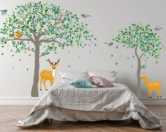 Nursery Tree Wall Decal,Large Trees Sticker,LargeTree Wall Art , Deers With Tree Wall Decor, Nursery Vinyl Wall Decal,Kids Room Wall Decor