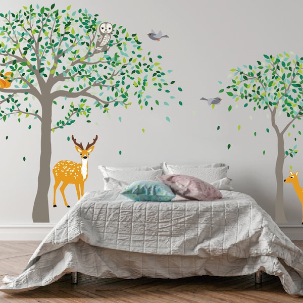 Kwekerij Boom Muur Sticker, Grote Bomen Sticker, Grote Boom Wall Art, Herten met Boom Muur Decor, Kwekerij Vinyl Muur Sticker, Kids Room Wall Decor