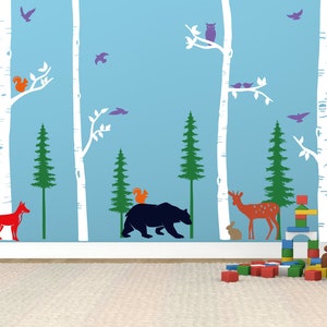 Forest Tree Wall  Decal, Birch Tree With Deers Wall Art, Nursery  Tree Decor,Large Wall Birch Tree Decal, Play room wall decor