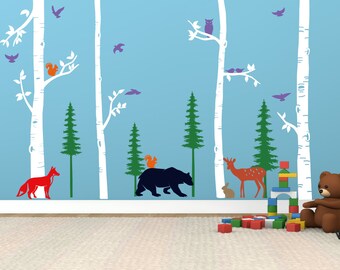 Birch Tree Wall Decal: Forest Animals Nursery Decor